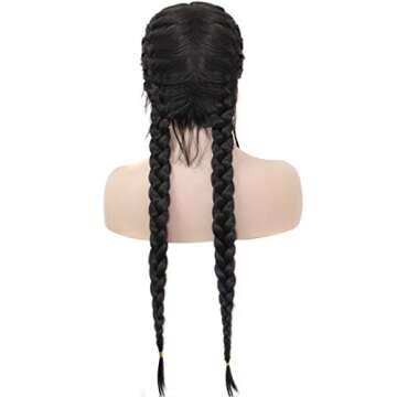 Ebingoo 28 Inches Black Double Braids Wig for Women Girls+Wig Cap Natural Black Synthetic Long Lace Front Wig with Baby Hair Wigs Heat Resistant Fiber for Women Girls Dairly Wear Party Cosplay