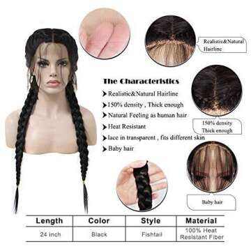 Ebingoo 28 Inches Black Double Braids Wig for Women Girls+Wig Cap Natural Black Synthetic Long Lace Front Wig with Baby Hair Wigs Heat Resistant Fiber for Women Girls Dairly Wear Party Cosplay