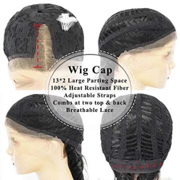 Ebingoo 28 Inches Black Double Braids Wig for Women Girls+Wig Cap Natural Black Synthetic Long Lace Front Wig with Baby Hair Wigs Heat Resistant Fiber for Women Girls Dairly Wear Party Cosplay