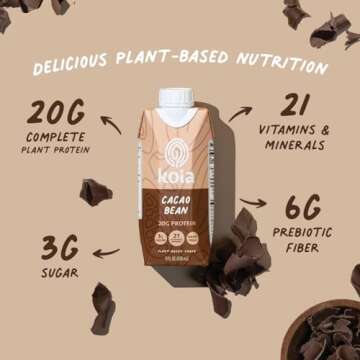 Koia - Plant Based Protein Shake - Cacao Bean - 20g Protein, 3g Sugar, 6g Prebiotic Fiber, 21 Vitami...
