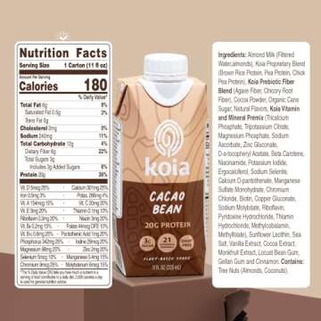 Koia - Plant Based Protein Shake - Cacao Bean - 20g Protein, 3g Sugar, 6g Prebiotic Fiber, 21 Vitamins & Minerals - Dairy Free, Soy Free, Non GMO - Meal Replacement Drinks - 11 fl oz, 12 Bottles