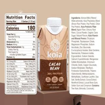 Koia - Plant Based Protein Shake - Cacao Bean - 20g Protein, 3g Sugar, 6g Prebiotic Fiber, 21 Vitamins & Minerals - Dairy Free, Soy Free, Non GMO - Meal Replacement Drinks - 11 fl oz, 12 Bottles