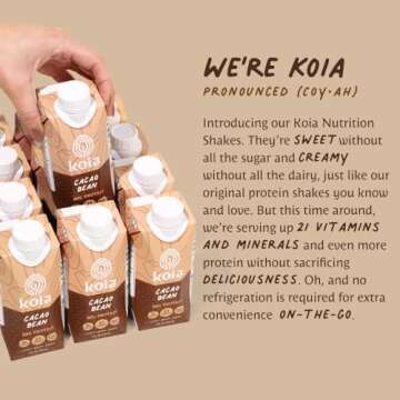 Koia - Plant Based Protein Shake - Cacao Bean - 20g Protein, 3g Sugar, 6g Prebiotic Fiber, 21 Vitamins & Minerals - Dairy Free, Soy Free, Non GMO - Meal Replacement Drinks - 11 fl oz, 12 Bottles