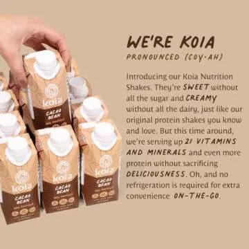 Koia - Plant Based Protein Shake - Cacao Bean - 20g Protein, 3g Sugar, 6g Prebiotic Fiber, 21 Vitamins & Minerals - Dairy Free, Soy Free, Non GMO - Meal Replacement Drinks - 11 fl oz, 12 Bottles