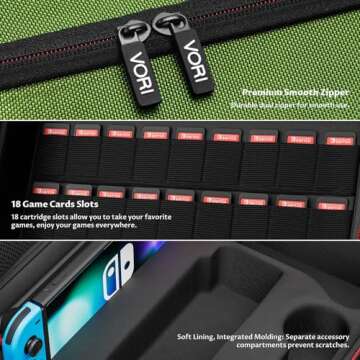 Switch Case, VORI Switch Carrying Case for Nintendo Switch and Switch OLED Model, Portable Full Protection Hard Shell Travel Storage Bag for Switch Console Pro Controller Accessories, Green