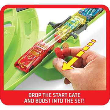 Hot Wheels Toy Car Track Set Colossal Crash, More Than 5 feet Wide, Powered by Motorized Booster, 1:64 Scale Car