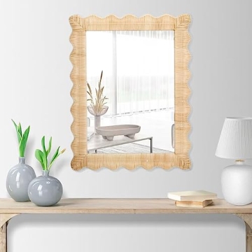 Two's Company 30.5" Handmade Hanging Rattan Wall Mirror - Natural Wicker Weave Boho Coastal Decor