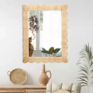 Two's Company 30.5" Handmade Hanging Rattan Wall Mirror - Natural Wicker Weave Boho Coastal Decor