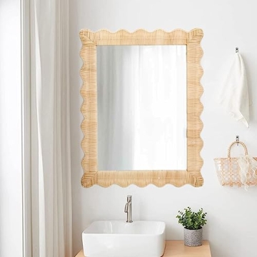 Two's Company 30.5" Handmade Hanging Rattan Wall Mirror - Natural Wicker Weave Boho Coastal Decor