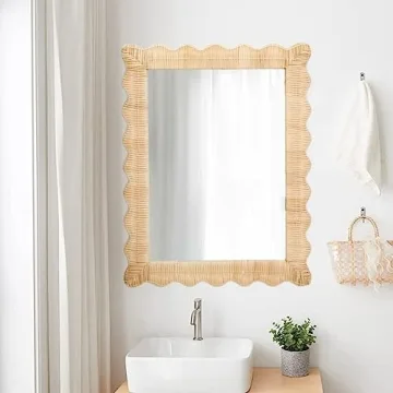 Two's Company 30.5" Handmade Hanging Rattan Wall Mirror - Natural Wicker Weave Boho Coastal Decor