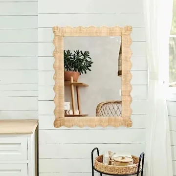 Two's Company 30.5" Handmade Hanging Rattan Wall Mirror - Natural Wicker Weave Boho Coastal Decor