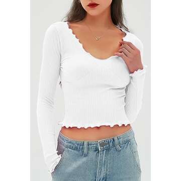CHYRII Womens Fashion Fall Long Sleeve Tops Ruffled Low Cut Basic Layering Tee Shirts Crop Tops Whit...
