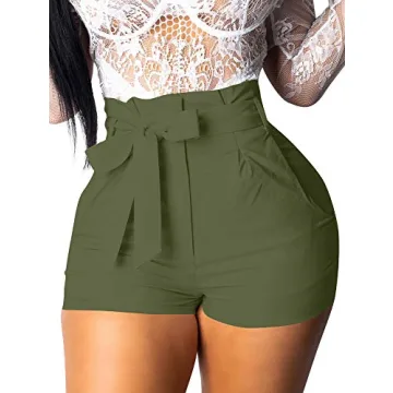 GOBLES Women's Summer Casual Shorts - High Waist Ruffle Bow Tie Shorts in Olive