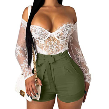 GOBLES Women's High Waist Ruffle Bow Tie Shorts Olive