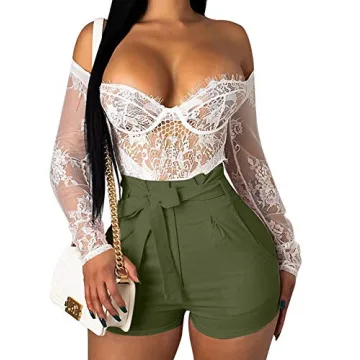 GOBLES Women's High Waist Ruffle Bow Tie Shorts Olive