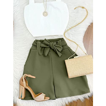 GOBLES Women's High Waist Ruffle Bow Tie Shorts Olive
