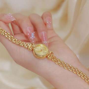 ADSBIAOYE Petite Womens Round Simple Wrist Watch Fashion Dress Diamond Female Watches for Ladies Analog Quartz Stainless Steel Waterproof Watch (1 Gold-White)