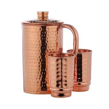 HealthGoodsIn - Pure Copper Hammered Water Jug with 2 Hammered Copper Tumblers | Copper Pitcher and ...