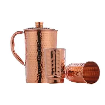 HealthGoodsIn - Pure Copper Hammered Water Jug with 2 Hammered Copper Tumblers | Copper Pitcher and Tumblers for Ayurveda Health Benefits