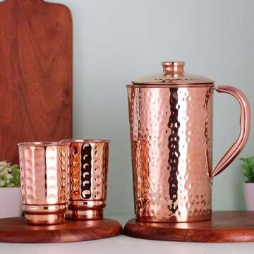 HealthGoodsIn - Pure Copper Hammered Water Jug with 2 Hammered Copper Tumblers | Copper Pitcher and Tumblers for Ayurveda Health Benefits