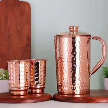 HealthGoodsIn - Pure Copper Hammered Water Jug with 2 Hammered Copper Tumblers | Copper Pitcher and Tumblers for Ayurveda Health Benefits