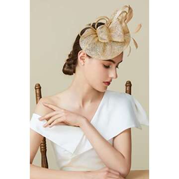 BABEYOND Women's Pillbox Fascinator Hat Kentucky Derby Hat Feather Fascinator Headband Tea Party Fascinator Hat for Cocktail Gold