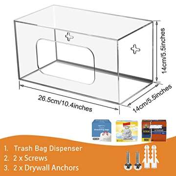 SEANADO Trash Bag Dispenser Roll Holder, Wall Mount Acrylic Kitchen Organizer Storage Box Holder for Garbage Bag Grocery Bag Plastic Shopping Bag Roll Container (10.4 x 5.5 x 5.5 inches)