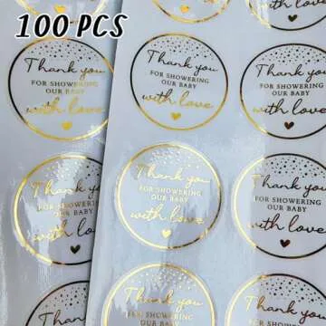 100 Round Baby Shower Thank You Stickers with Real Gold Foil