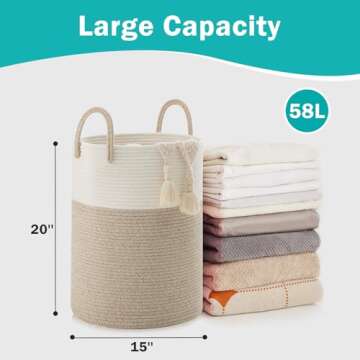 YOUDENOVA Cotton Rope Laundry Hamper Basket, 58L Tall Woven Collapsible Baskets for Blanket Organizing Clothes Hamper for Laundry Room Storage