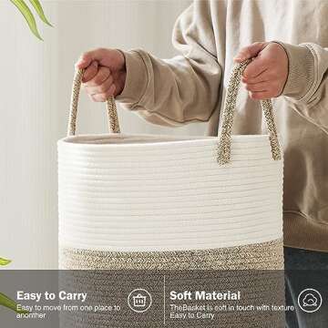 YOUDENOVA Cotton Rope Laundry Hamper Basket, 58L Tall Woven Collapsible Baskets for Blanket Organizing Clothes Hamper for Laundry Room Storage