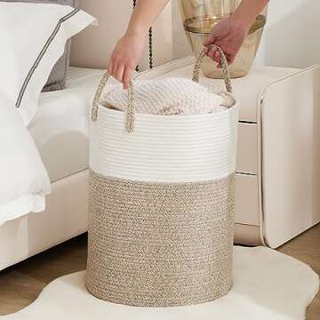 YOUDENOVA Cotton Rope Laundry Hamper Basket, 58L Tall Woven Collapsible Baskets for Blanket Organizing Clothes Hamper for Laundry Room Storage