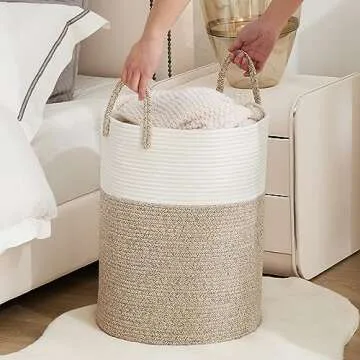 YOUDENOVA Cotton Rope Laundry Hamper Basket, 58L Tall Woven Collapsible Baskets for Blanket Organizing Clothes Hamper for Laundry Room Storage