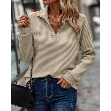 BTFBM Casual Long Sleeve Solid Color V Neck Sweatshirts Fall Fashion Women Half Zip Pullover(Solid Apricot,Small)
