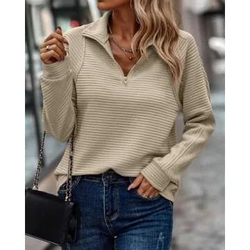 BTFBM Casual Long Sleeve Solid Color V Neck Sweatshirts Fall Fashion Women Half Zip Pullover(Solid Apricot,Small)