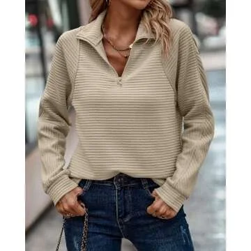 BTFBM Casual Long Sleeve Solid Color V Neck Sweatshirts Fall Fashion Women Half Zip Pullover(Solid Apricot,Small)
