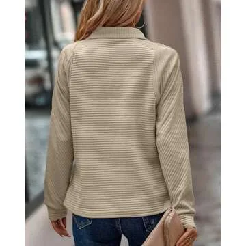 BTFBM Casual Long Sleeve Solid Color V Neck Sweatshirts Fall Fashion Women Half Zip Pullover(Solid Apricot,Small)