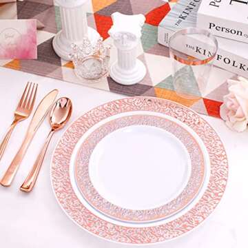 WELLIFE 175 Pieces Valentines Rose Gold Plastic Plates,Rose Gold Dinnerware Set Include: 25 Dinner Plates 10.25", 25 Salad Plates 7.5", 25 Cups, 50 Forks, 25 Knives for Weddings