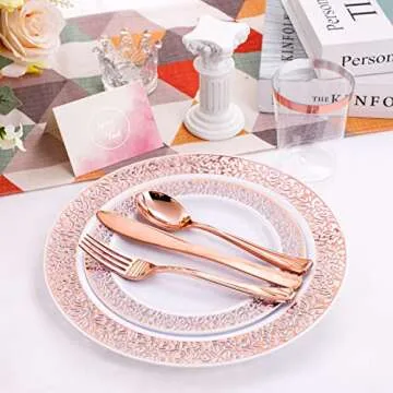 WELLIFE 175 Pieces Valentines Rose Gold Plastic Plates,Rose Gold Dinnerware Set Include: 25 Dinner Plates 10.25", 25 Salad Plates 7.5", 25 Cups, 50 Forks, 25 Knives for Weddings