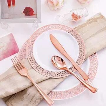 WELLIFE 175 Pieces Valentines Rose Gold Plastic Plates,Rose Gold Dinnerware Set Include: 25 Dinner Plates 10.25", 25 Salad Plates 7.5", 25 Cups, 50 Forks, 25 Knives for Weddings