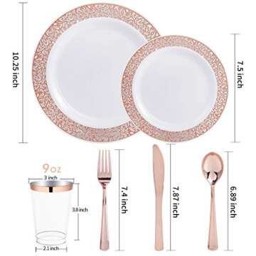 WELLIFE 175 Pieces Valentines Rose Gold Plastic Plates,Rose Gold Dinnerware Set Include: 25 Dinner Plates 10.25", 25 Salad Plates 7.5", 25 Cups, 50 Forks, 25 Knives for Weddings