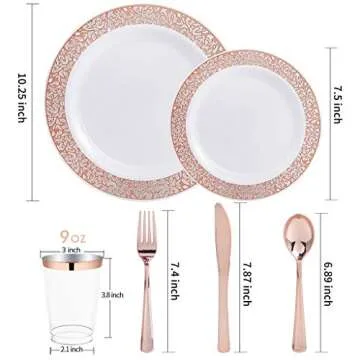 WELLIFE 175 Pieces Valentines Rose Gold Plastic Plates,Rose Gold Dinnerware Set Include: 25 Dinner Plates 10.25", 25 Salad Plates 7.5", 25 Cups, 50 Forks, 25 Knives for Weddings