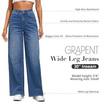 GRAPENT Women's Stretch High Waisted Wide Leg Trousers - Dark Denim Jeans