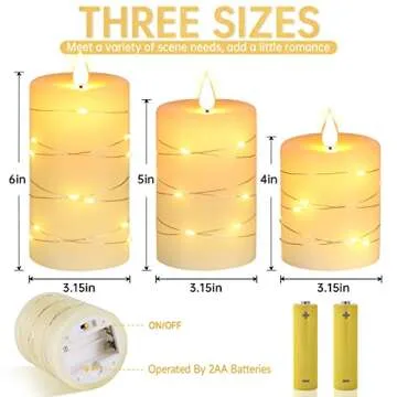 Da by Flameless Candles with String Lights，Battery Operated Candles,LED Flickering Candles with Remote Control and Timer, Real Wax, 3 Pack-Ivory White
