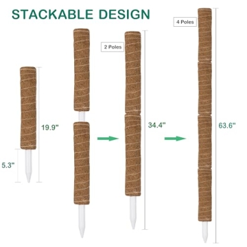 63 Inch Moss Pole for Plants Monstera, 4 Pack 19.9 Inch Moss Poles for Climbing Plants Monstera, Plant Stakes for Indoor Plants, Coco Coir Monstera Plant Support Stakes