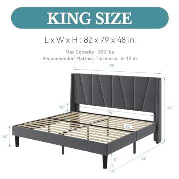 HOOMIC King Size Platform Bed Frame with Geometric Wingback Headboard, Wooden Slats Support, No Box Spring Needed, Modern Style in Dark Grey