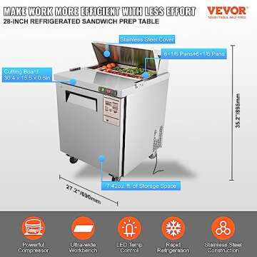 VEVOR Commercial 7.42 Cu. Ft Sandwich/Salad Table Stainless Steel Food Prep Station Fridge with 8 Pa...
