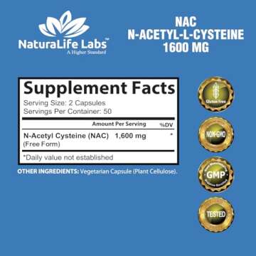 NaturaLife Labs A Higher Standard N-Acetyl-L-Cysteine (NAC) 1600 mg Immune Support & Antioxidants*, Free-Radicals, Free Form, Exercise Performance - 100 Veggie Capsules