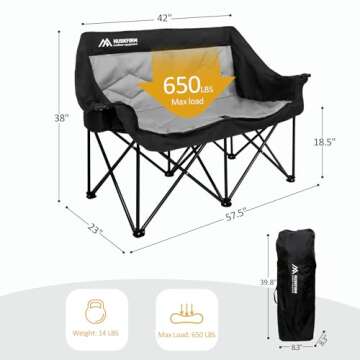 Huskfirm 2 Person Camping Chair Oversized Loveseat Camping Chair Double Camping Chairs for Adults Heavy Duty Camping Couch Black Outdoor Folding Chair Portable Patio Lawn Chair