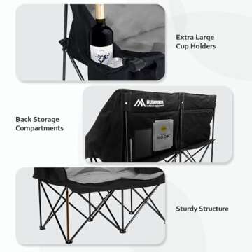 Huskfirm 2 Person Camping Chair Oversized Loveseat Camping Chair Double Camping Chairs for Adults Heavy Duty Camping Couch Black Outdoor Folding Chair Portable Patio Lawn Chair