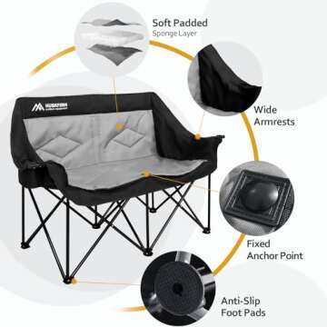 Huskfirm 2 Person Camping Chair Oversized Loveseat Camping Chair Double Camping Chairs for Adults Heavy Duty Camping Couch Black Outdoor Folding Chair Portable Patio Lawn Chair